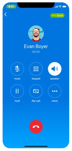 Elevate mobile app showing active VoIP call controls for flexible business communication and mobile cloud phone usage.